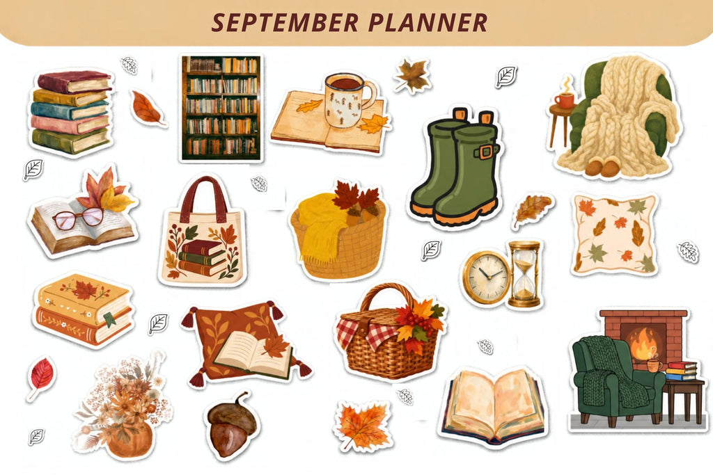 BUNDLE - 3 Sheets September Planner Stickers | Cozy Fall Sticker Pack | Pumpkin Everything, Hanging Chair & Reading Stickers | Autumn Planner Bundle