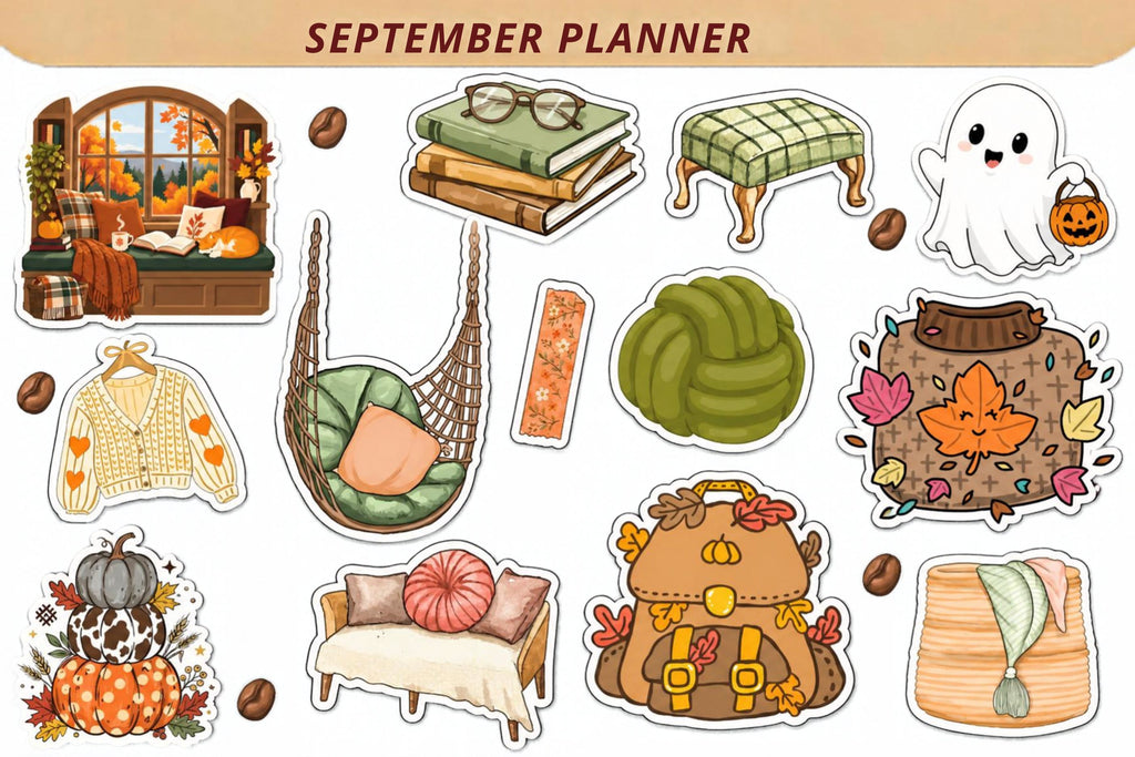 BUNDLE - 3 Sheets September Planner Stickers | Cozy Fall Sticker Pack | Pumpkin Everything, Hanging Chair & Reading Stickers | Autumn Planner Bundle