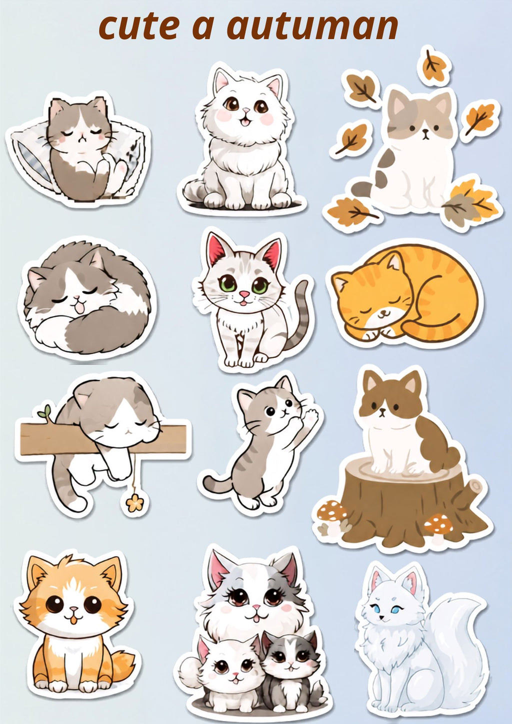 Cute Autumn Cats Stickers Pack - 15 Cozy Fall Cats - Kawaii Cat Stickers