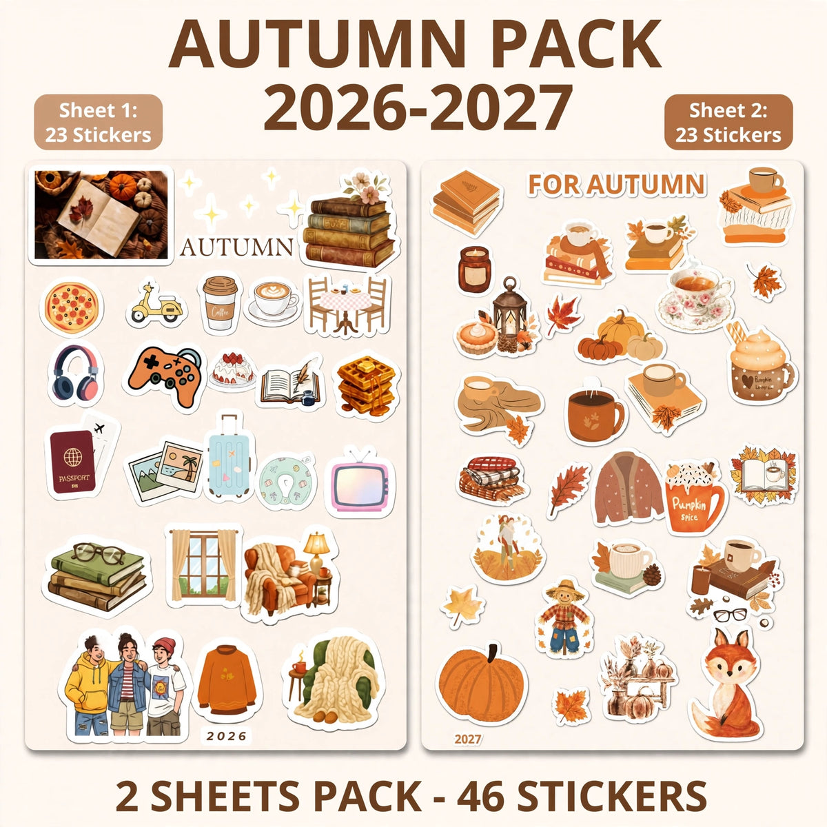 46 Fall Stickers Bundle - Cozy Autumn Stickers Pack - Pumpkin Owl Squirrel Stickers - Fall Planner Stickers - Digital Download